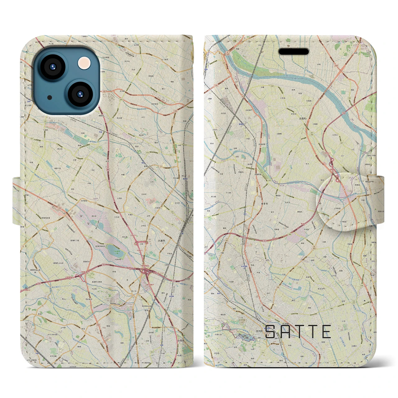 【幸手(埼玉県)】地図柄iPhoneケース(手帳タイプ)ナチュラル・iPhone 13 用