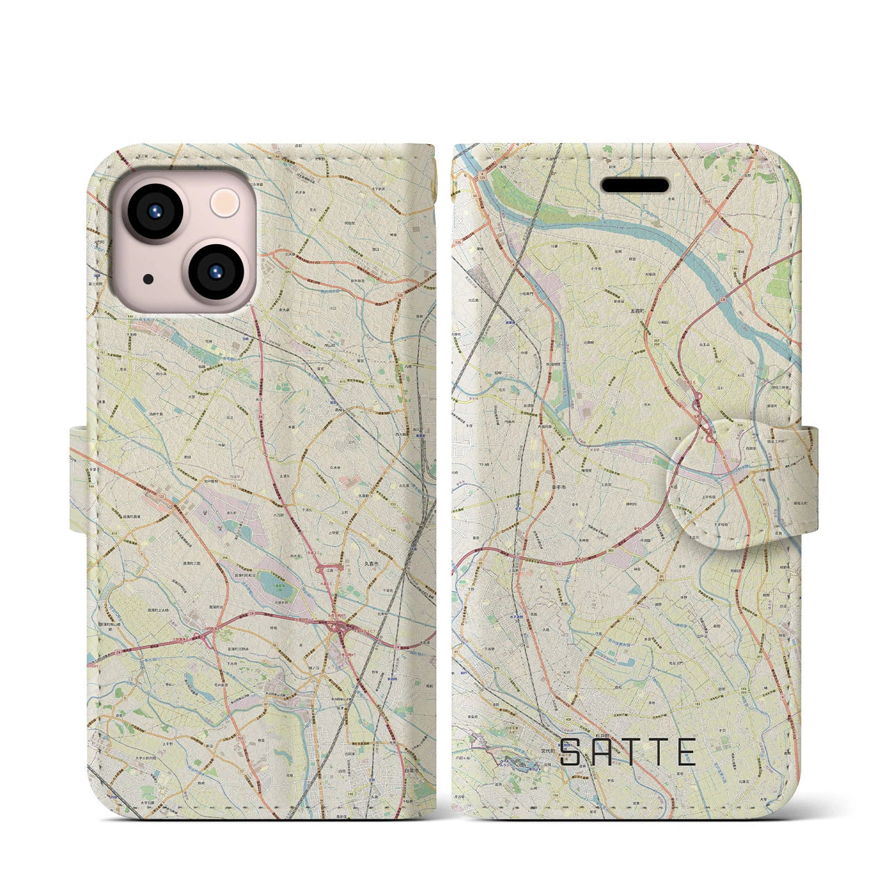 【幸手(埼玉県)】地図柄iPhoneケース(手帳タイプ)ナチュラル・iPhone 13 mini 用