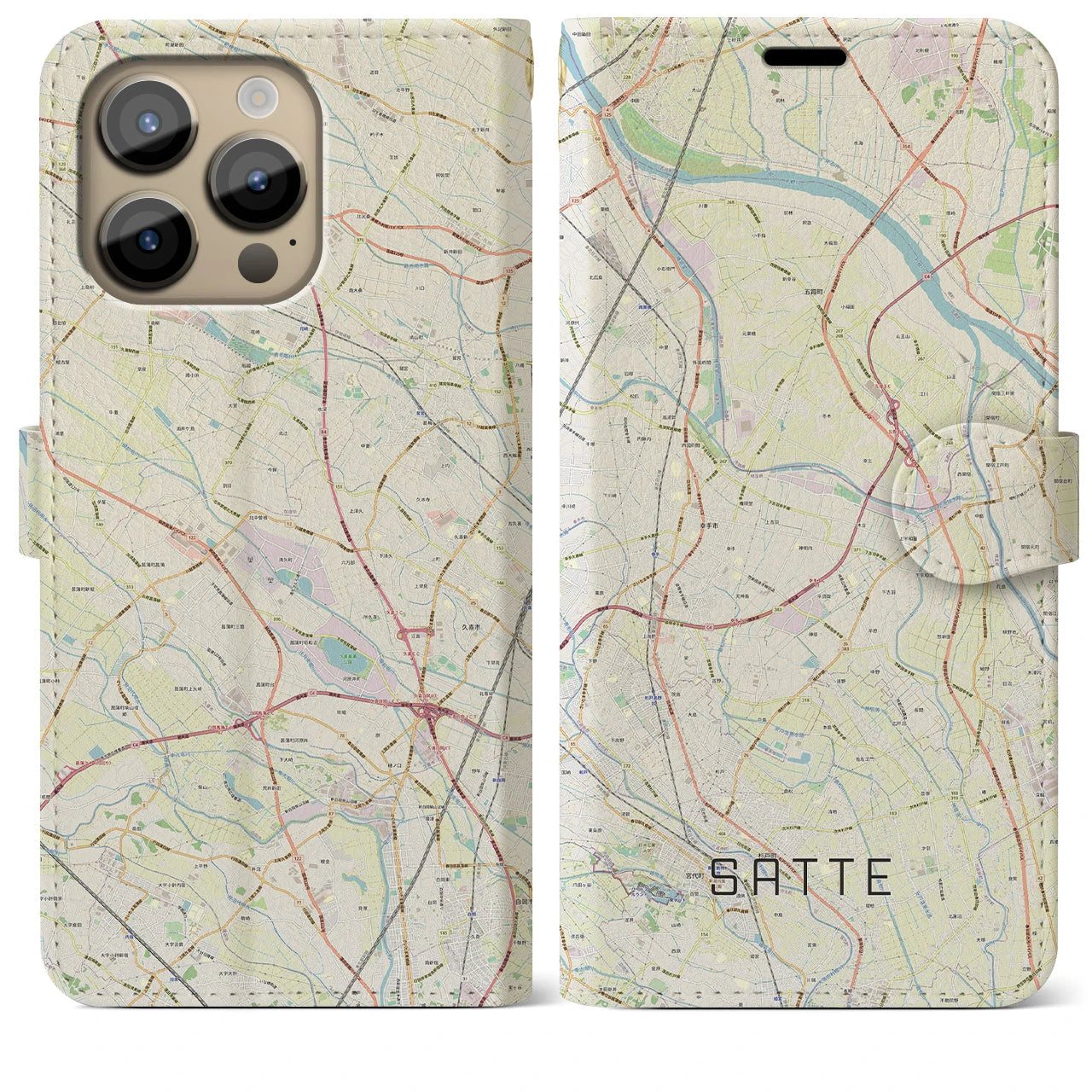 【幸手(埼玉県)】地図柄iPhoneケース(手帳タイプ)ナチュラル・iPhone 14 Pro Max 用