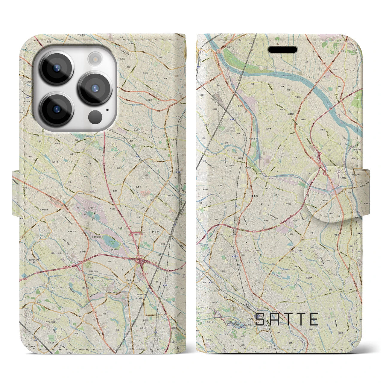 【幸手(埼玉県)】地図柄iPhoneケース(手帳タイプ)ナチュラル・iPhone 14 Pro 用