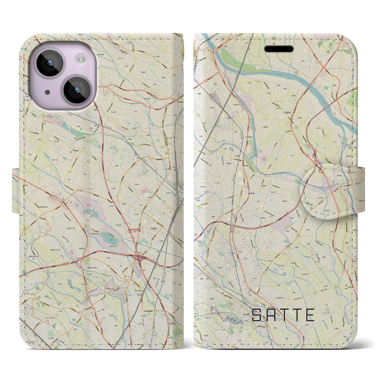 【幸手(埼玉県)】地図柄iPhoneケース(手帳タイプ)ナチュラル・iPhone 14 用