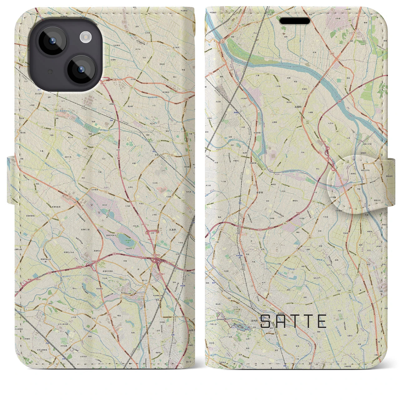 【幸手(埼玉県)】地図柄iPhoneケース(手帳タイプ)ナチュラル・iPhone 14 Plus 用