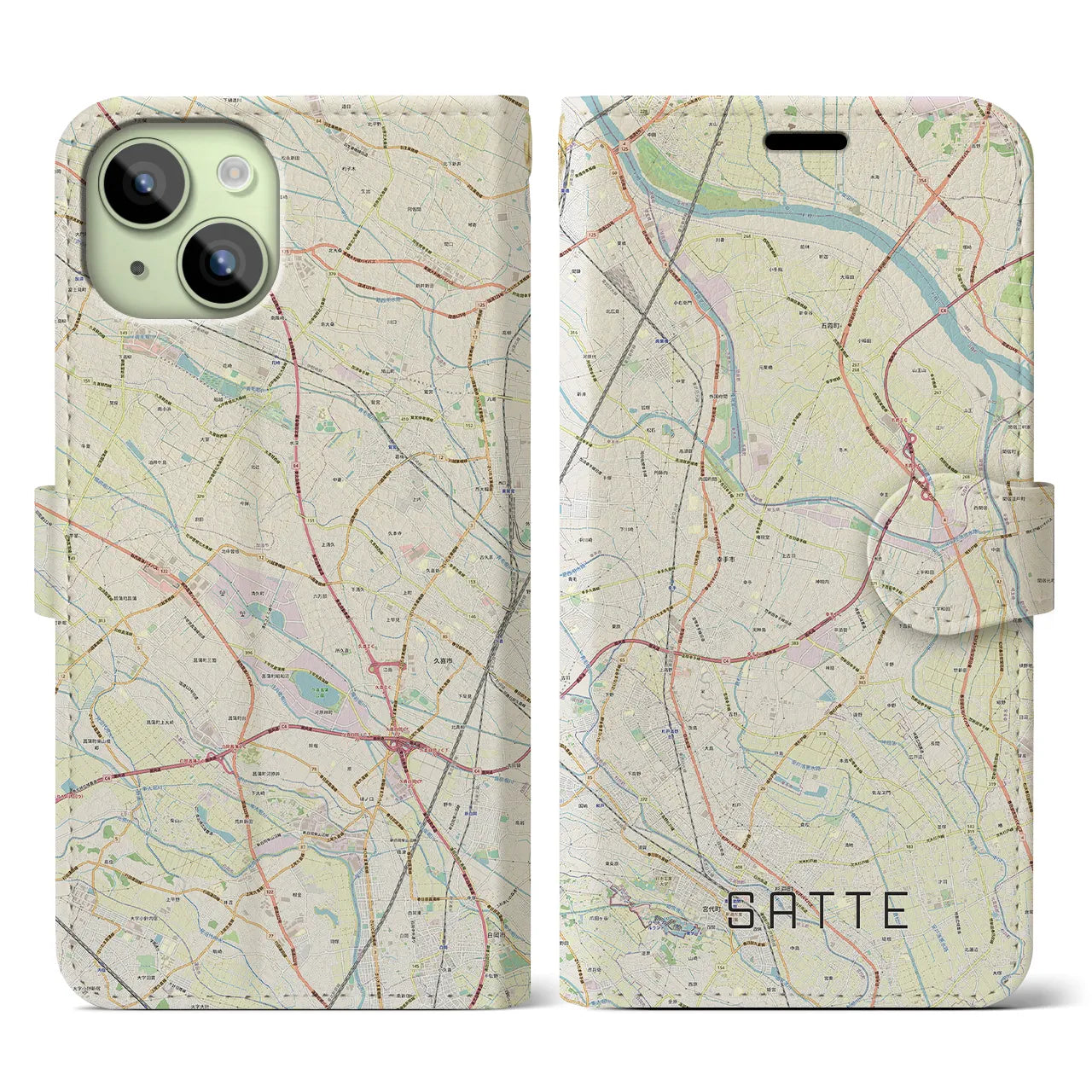 【幸手(埼玉県)】地図柄iPhoneケース(手帳タイプ)ナチュラル・iPhone 15 用