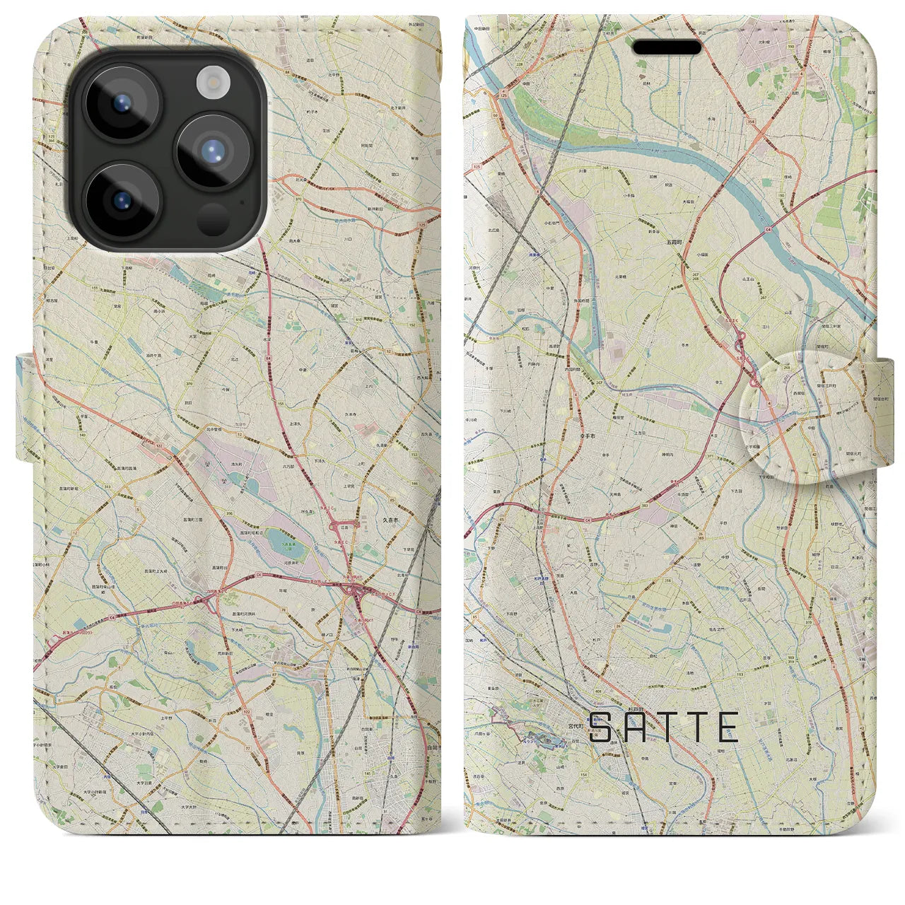 【幸手(埼玉県)】地図柄iPhoneケース(手帳タイプ)ナチュラル・iPhone 15 Pro Max 用