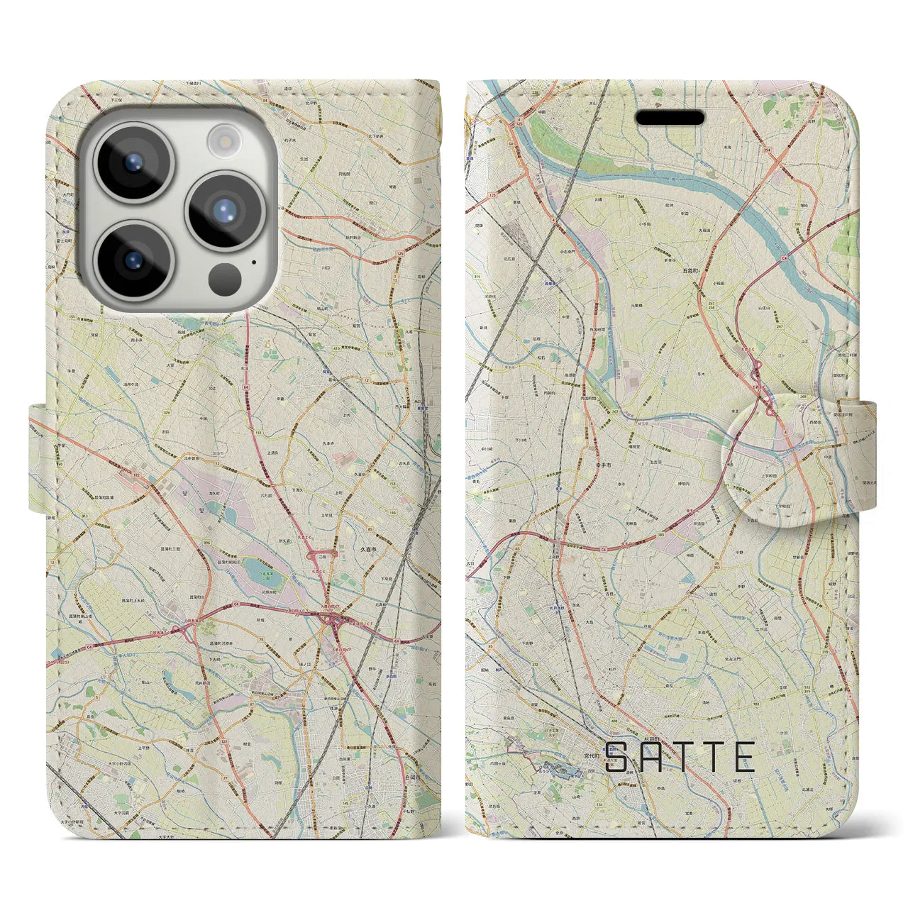 【幸手(埼玉県)】地図柄iPhoneケース(手帳タイプ)ナチュラル・iPhone 15 Pro 用