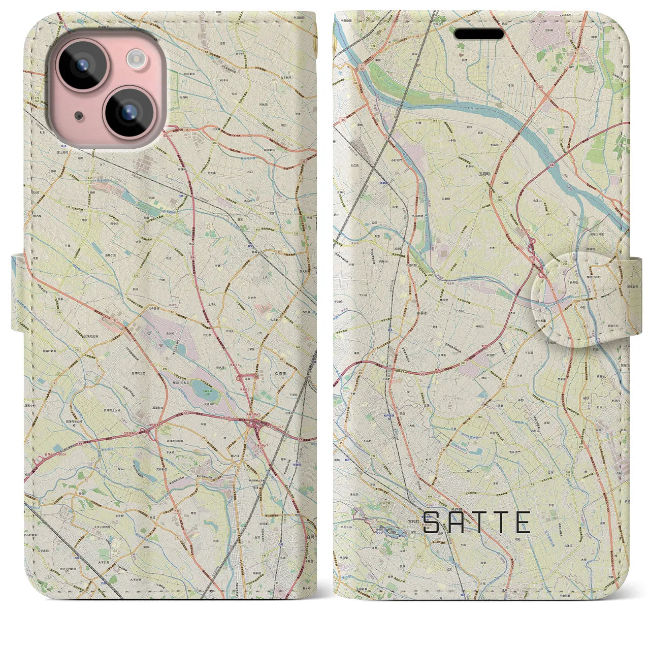 【幸手(埼玉県)】地図柄iPhoneケース(手帳タイプ)ナチュラル・iPhone 15 Plus 用