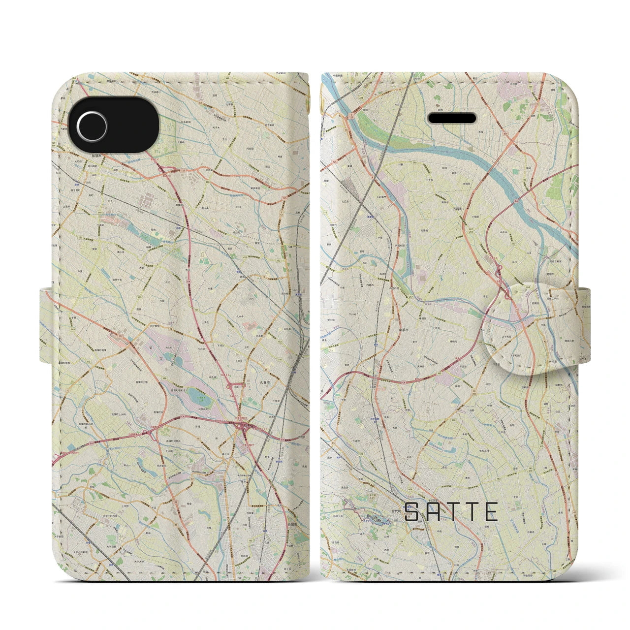 【幸手(埼玉県)】地図柄iPhoneケース(手帳タイプ)ナチュラル・iPhone SE(第3 / 第2世代) / 8 / 7 / 6s / 6 用