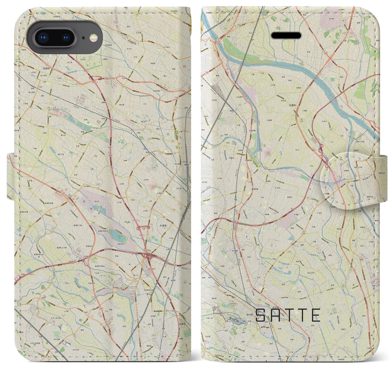 【幸手(埼玉県)】地図柄iPhoneケース(手帳タイプ)ナチュラル・iPhone 8Plus /7Plus / 6sPlus / 6Plus 用