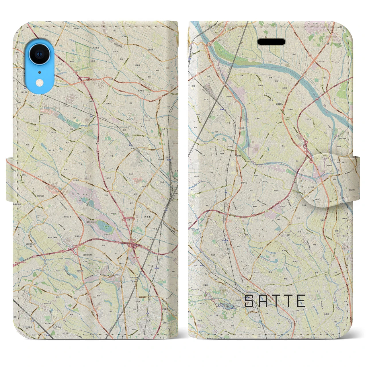 【幸手(埼玉県)】地図柄iPhoneケース(手帳タイプ)ナチュラル・iPhone XR 用