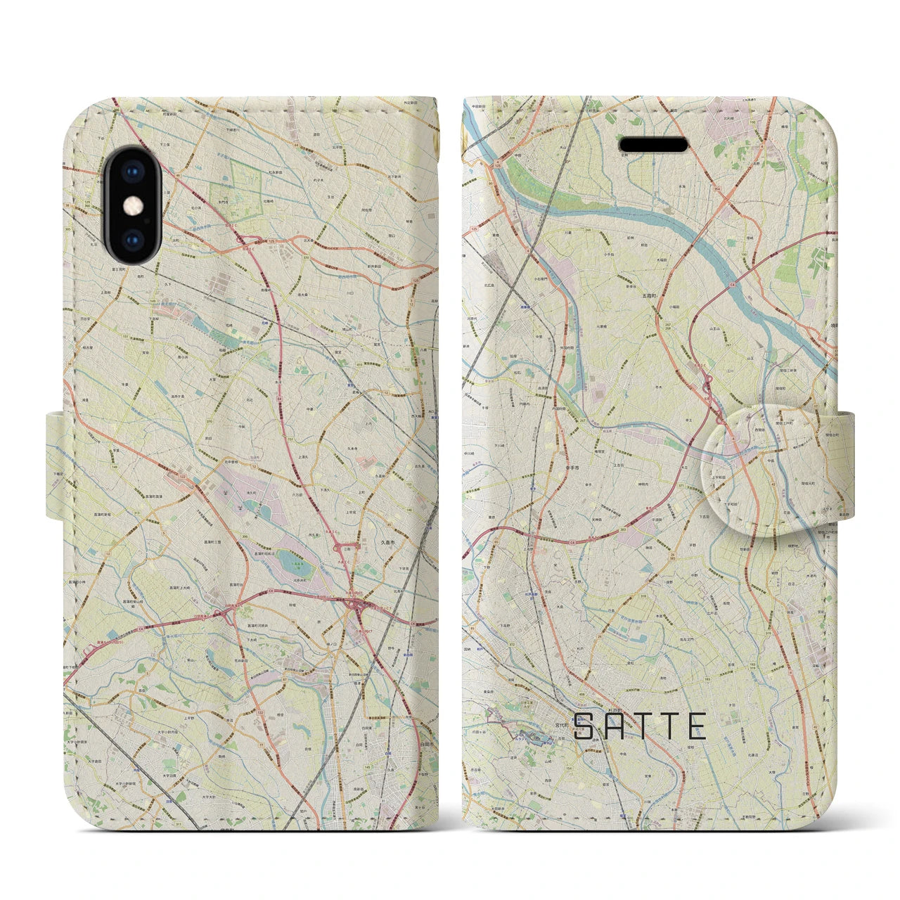 【幸手(埼玉県)】地図柄iPhoneケース(手帳タイプ)ナチュラル・iPhone XS / X 用