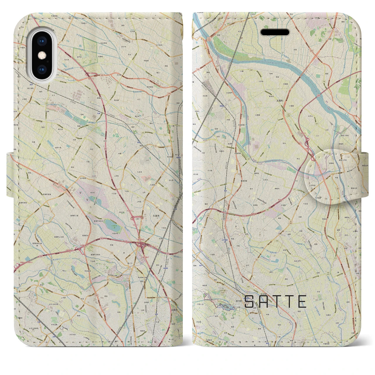 【幸手(埼玉県)】地図柄iPhoneケース(手帳タイプ)ナチュラル・iPhone XS Max 用
