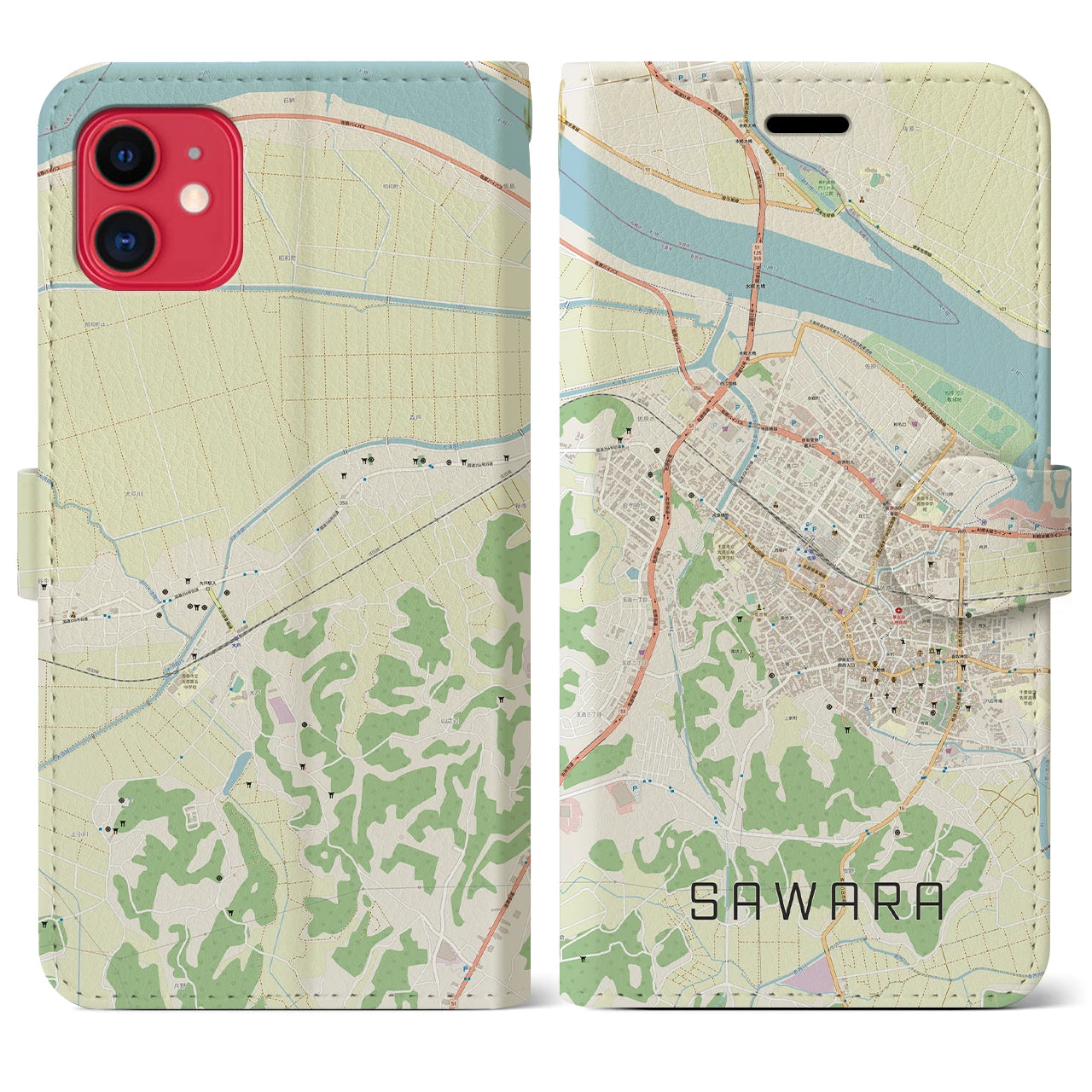 【佐原(千葉県)】地図柄iPhoneケース(手帳タイプ)ナチュラル・iPhone 11 用