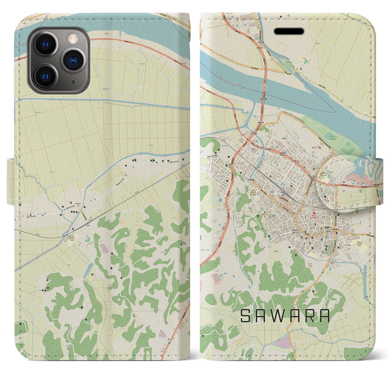 【佐原(千葉県)】地図柄iPhoneケース(手帳タイプ)ナチュラル・iPhone 11 Pro Max 用