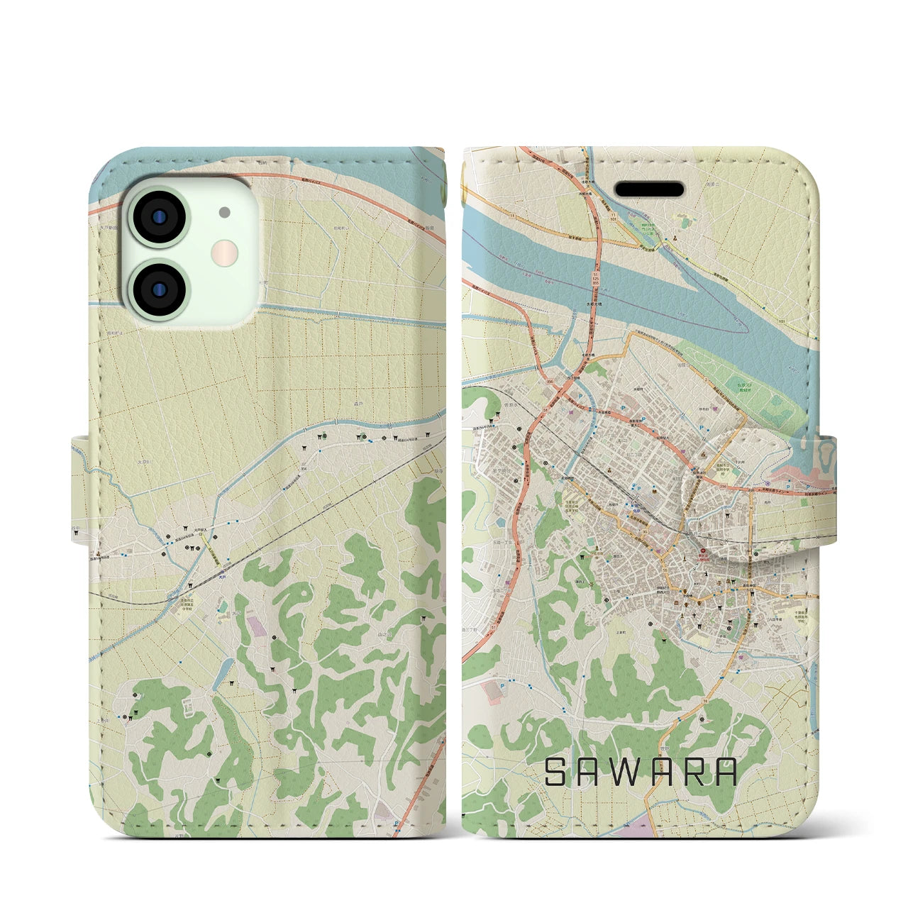 【佐原(千葉県)】地図柄iPhoneケース(手帳タイプ)ナチュラル・iPhone 12 mini 用