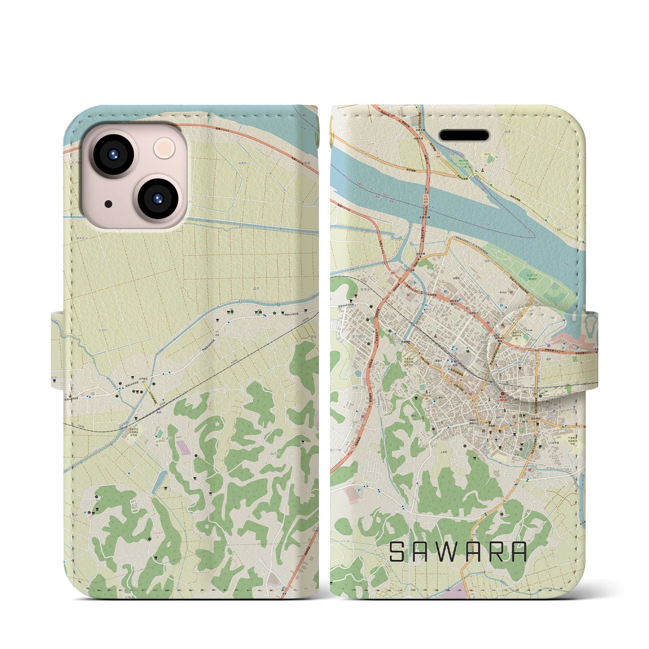 【佐原(千葉県)】地図柄iPhoneケース(手帳タイプ)ナチュラル・iPhone 13 mini 用