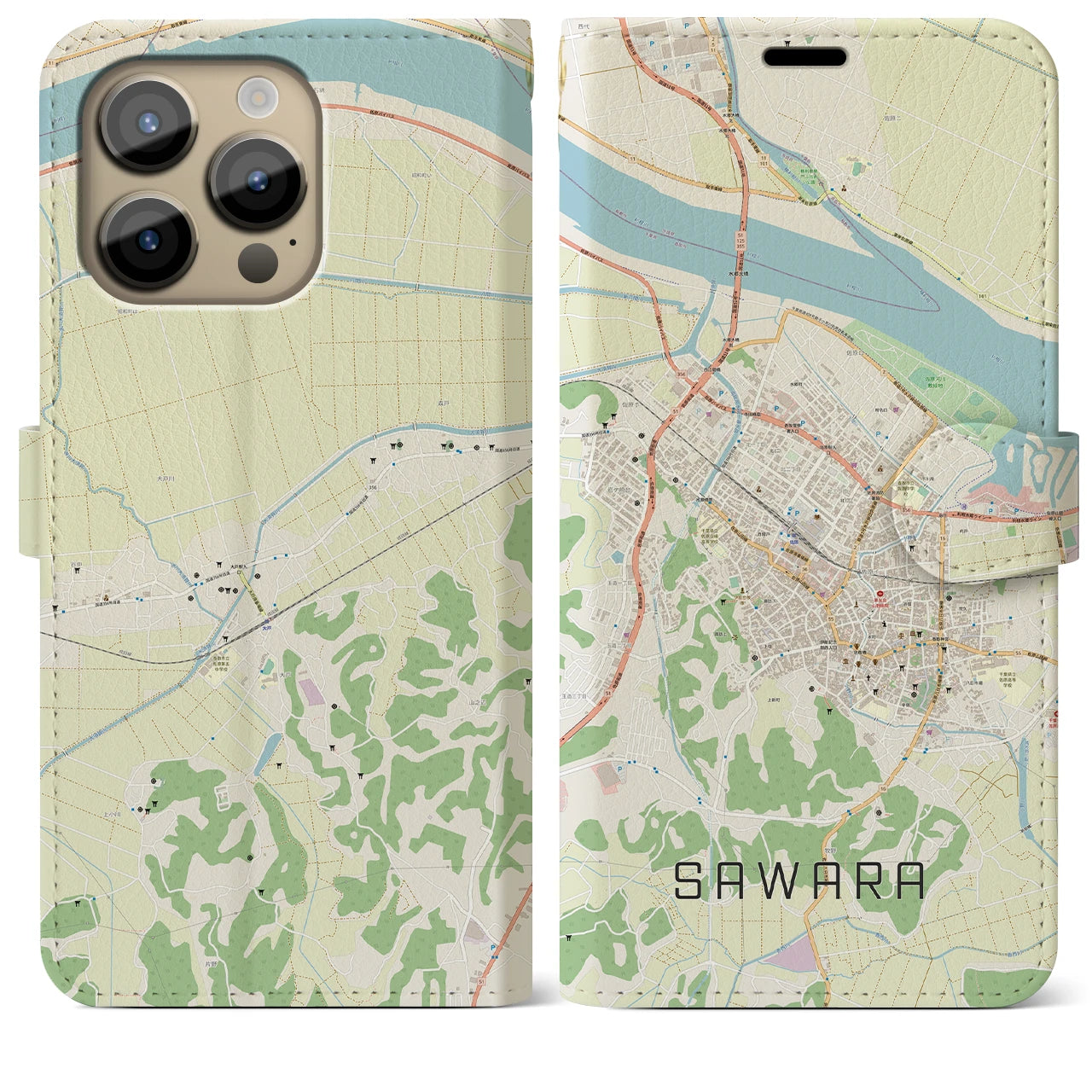 【佐原(千葉県)】地図柄iPhoneケース(手帳タイプ)ナチュラル・iPhone 14 Pro Max 用