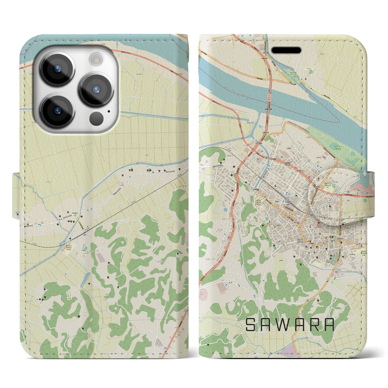 【佐原(千葉県)】地図柄iPhoneケース(手帳タイプ)ナチュラル・iPhone 14 Pro 用