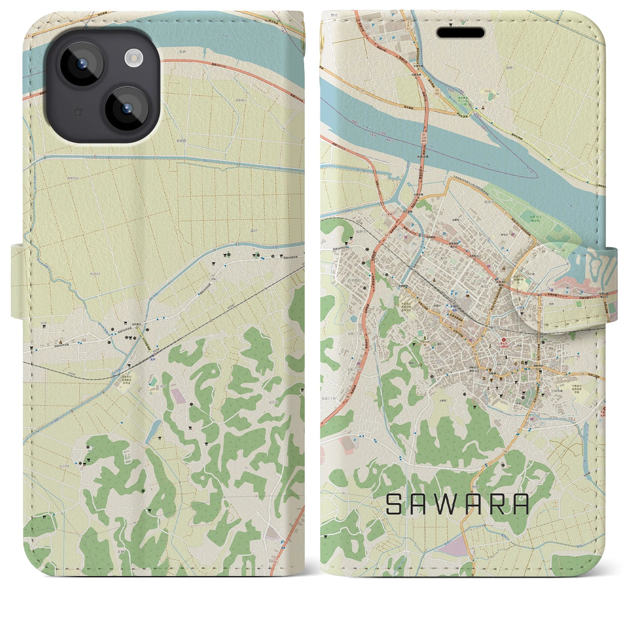 【佐原(千葉県)】地図柄iPhoneケース(手帳タイプ)ナチュラル・iPhone 14 Plus 用