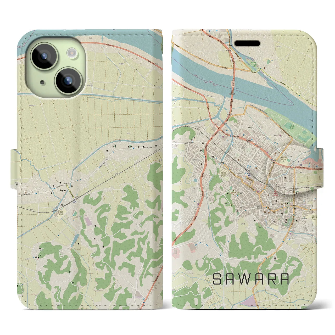 【佐原(千葉県)】地図柄iPhoneケース(手帳タイプ)ナチュラル・iPhone 15 用