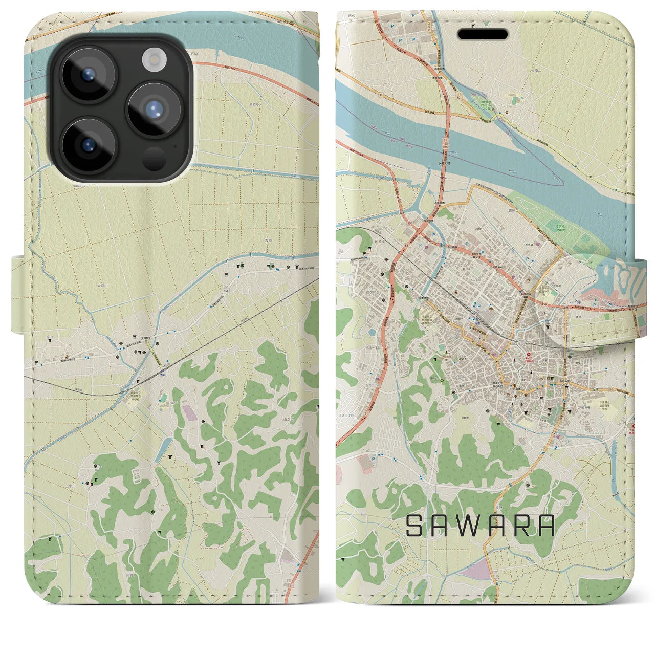 【佐原(千葉県)】地図柄iPhoneケース(手帳タイプ)ナチュラル・iPhone 15 Pro Max 用