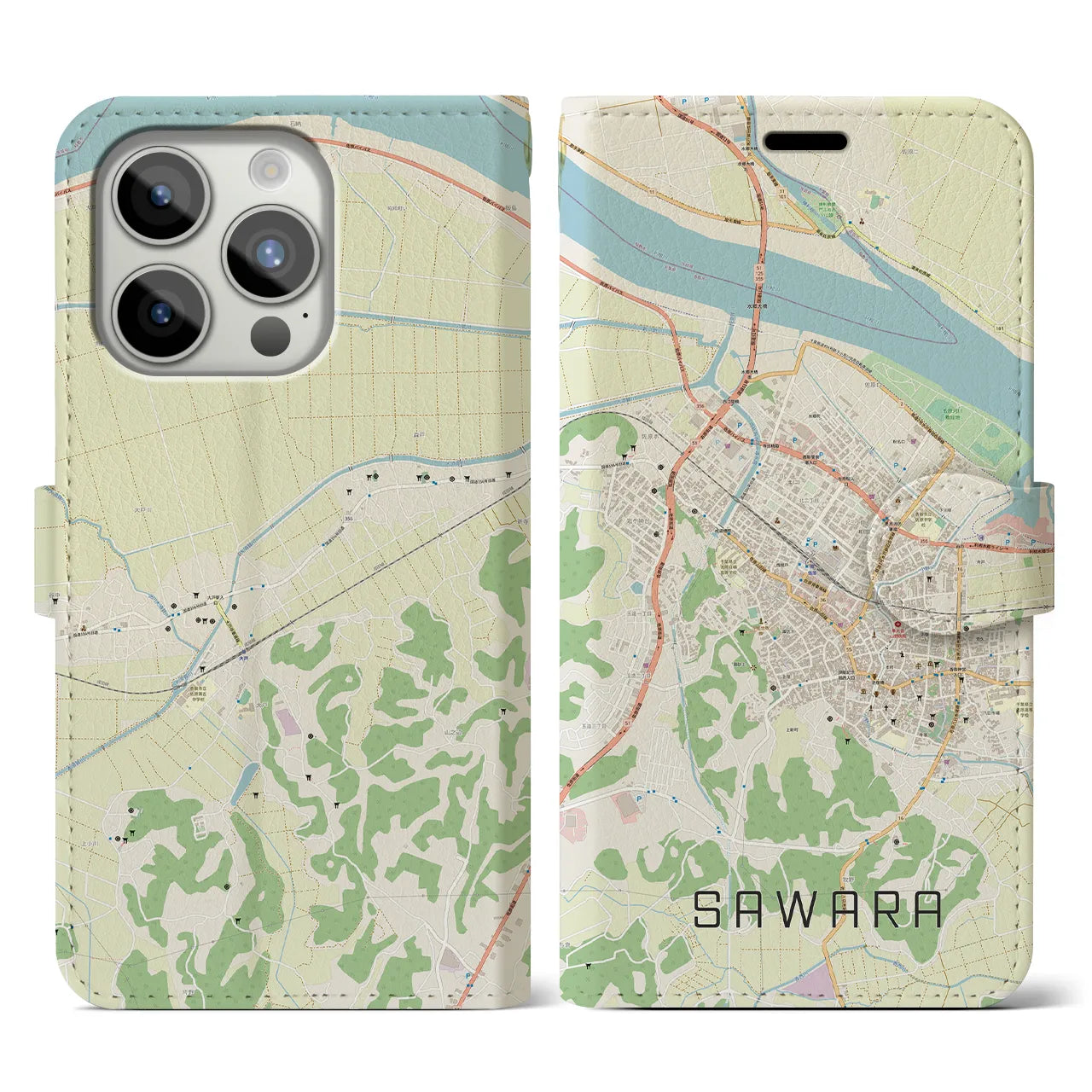 【佐原(千葉県)】地図柄iPhoneケース(手帳タイプ)ナチュラル・iPhone 15 Pro 用