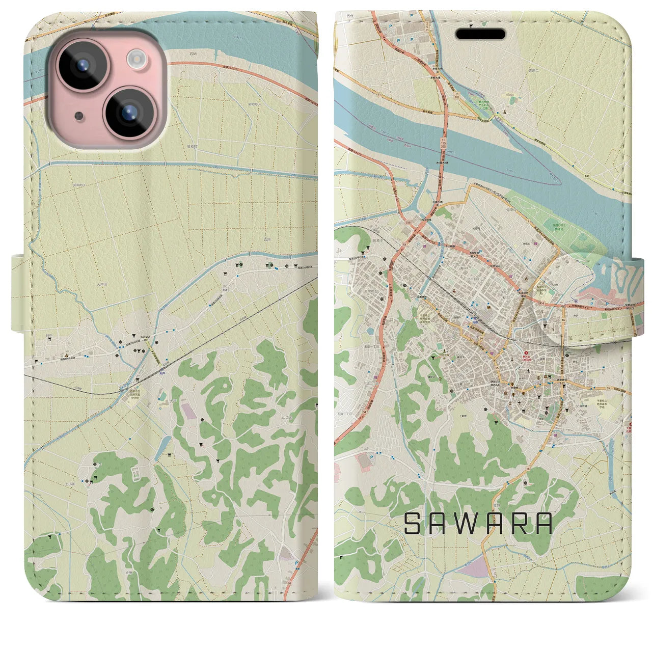 【佐原(千葉県)】地図柄iPhoneケース(手帳タイプ)ナチュラル・iPhone 15 Plus 用