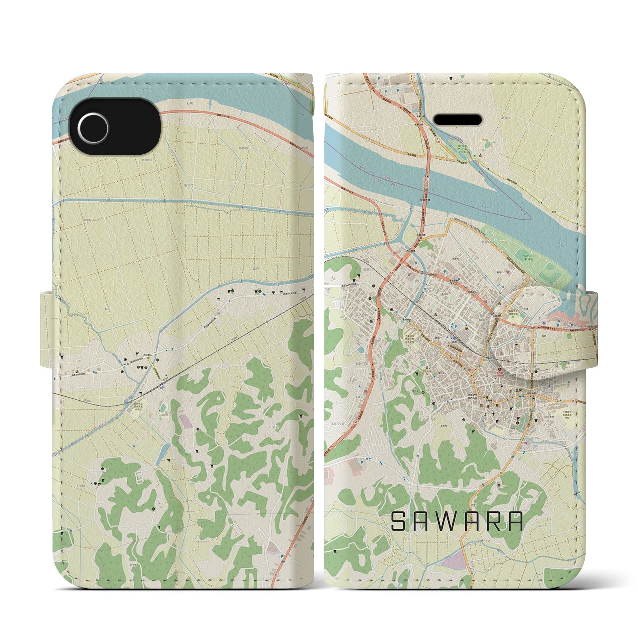 【佐原(千葉県)】地図柄iPhoneケース(手帳タイプ)ナチュラル・iPhone SE(第3 / 第2世代) / 8 / 7 / 6s / 6 用
