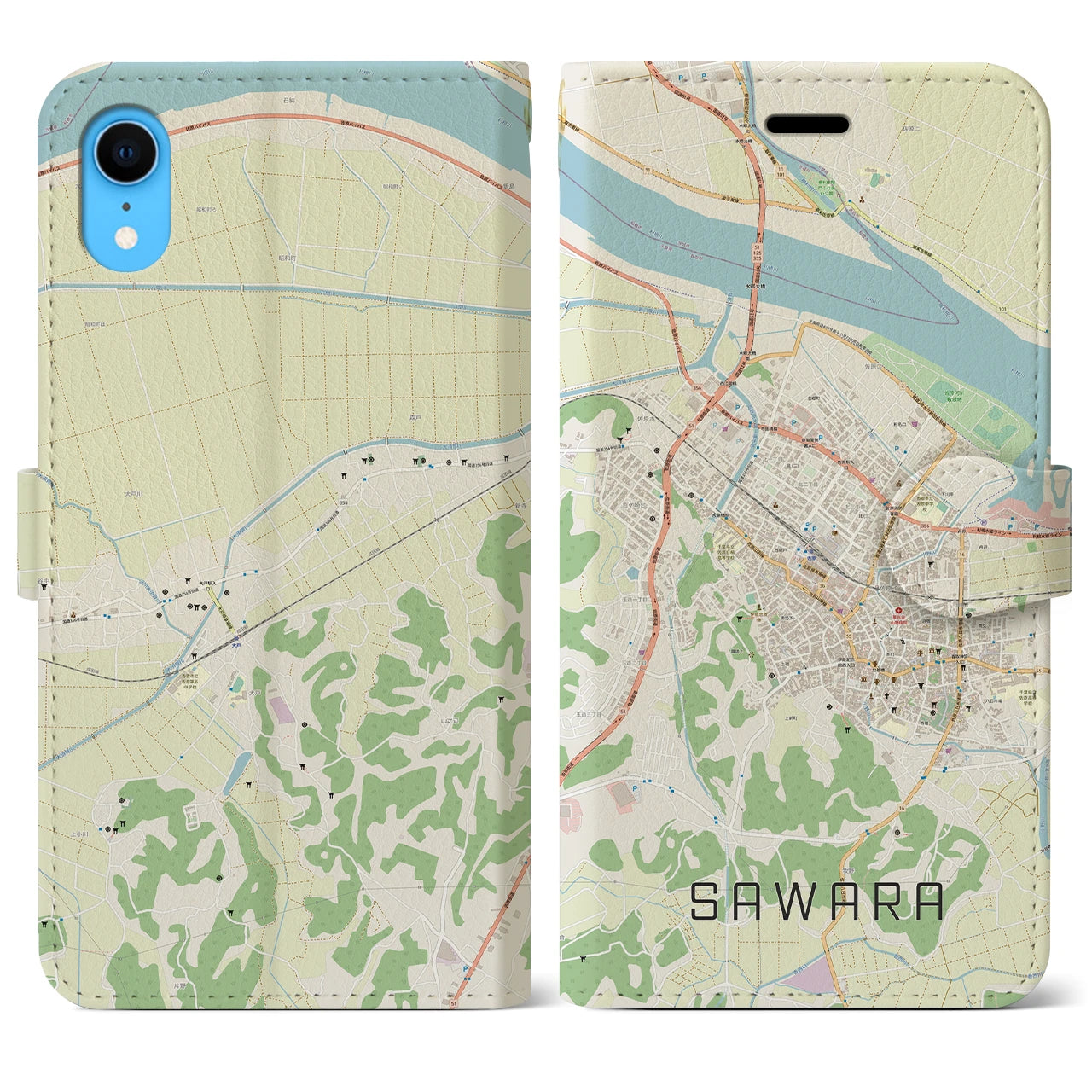【佐原(千葉県)】地図柄iPhoneケース(手帳タイプ)ナチュラル・iPhone XR 用
