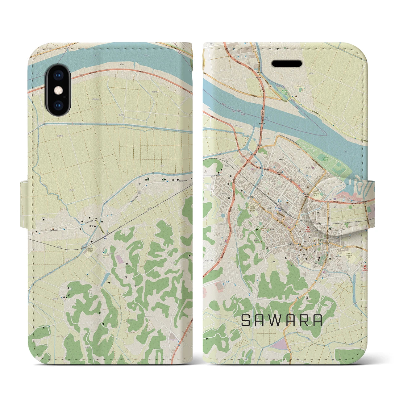 【佐原(千葉県)】地図柄iPhoneケース(手帳タイプ)ナチュラル・iPhone XS / X 用