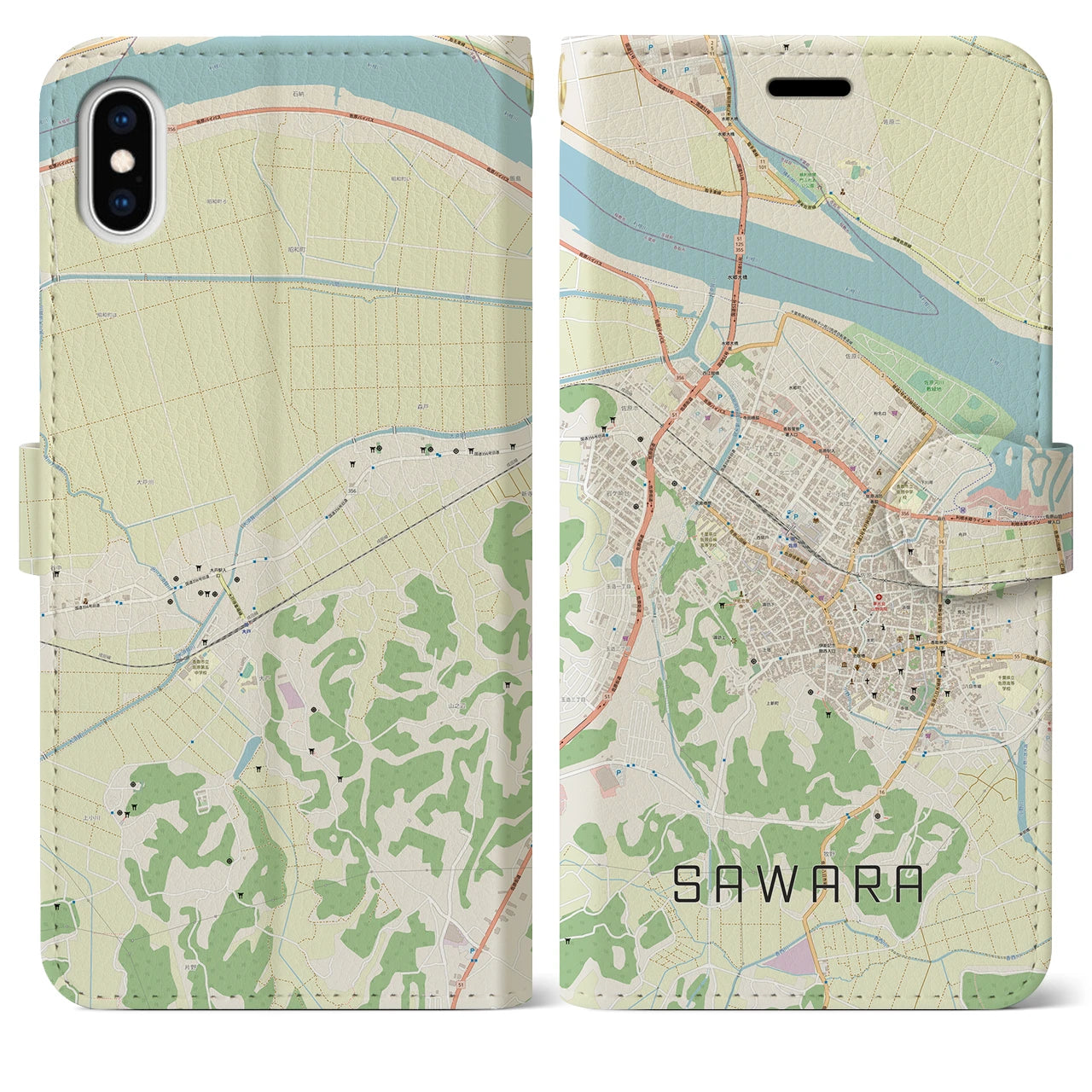 【佐原(千葉県)】地図柄iPhoneケース(手帳タイプ)ナチュラル・iPhone XS Max 用