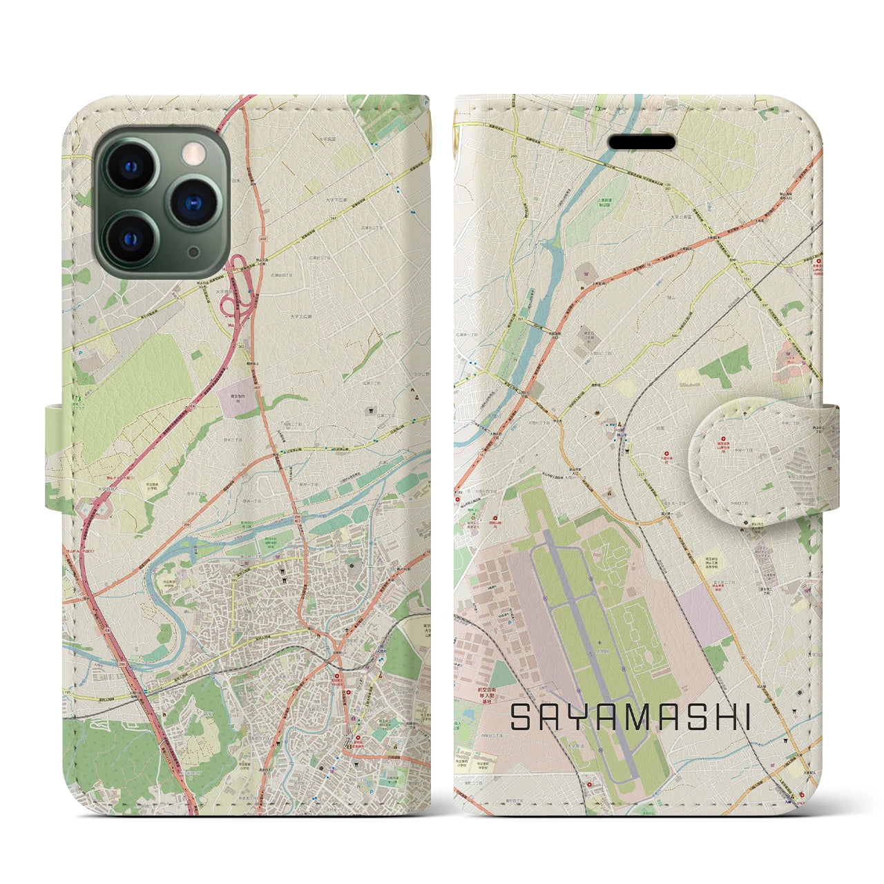 【狭山市(埼玉県)】地図柄iPhoneケース(手帳タイプ)ナチュラル・iPhone 11 Pro 用