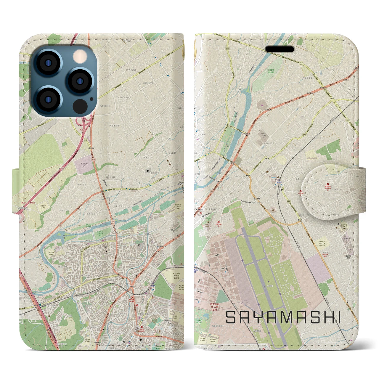 【狭山市(埼玉県)】地図柄iPhoneケース(手帳タイプ)ナチュラル・iPhone 12 / 12 Pro 用
