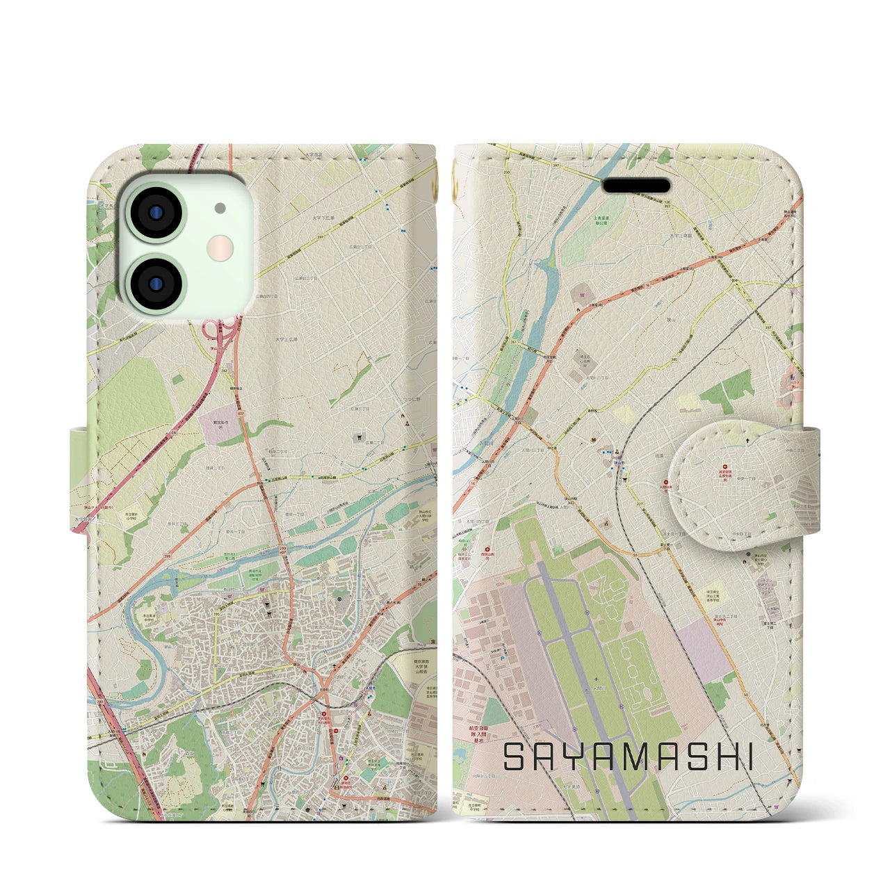【狭山市(埼玉県)】地図柄iPhoneケース(手帳タイプ)ナチュラル・iPhone 12 mini 用