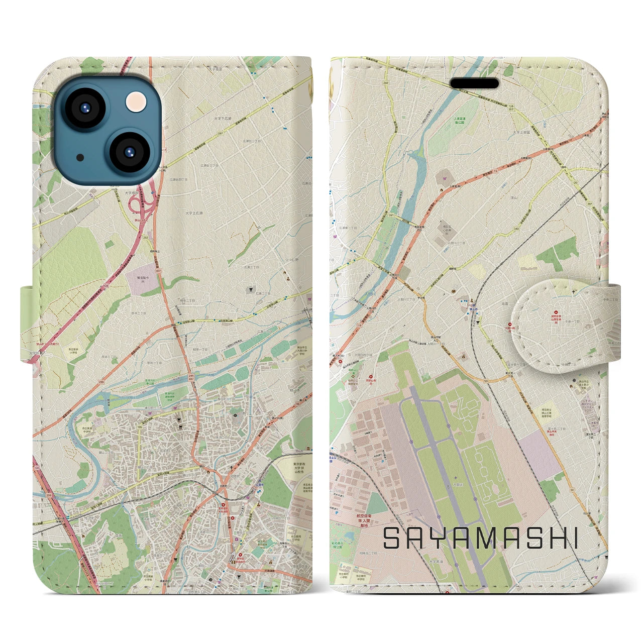 【狭山市(埼玉県)】地図柄iPhoneケース(手帳タイプ)ナチュラル・iPhone 13 用