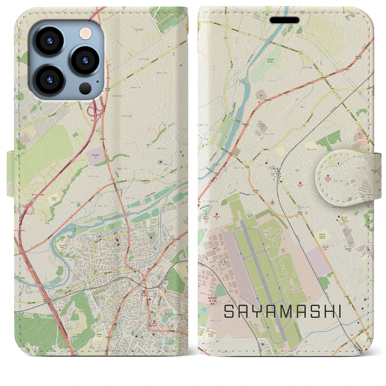 【狭山市(埼玉県)】地図柄iPhoneケース(手帳タイプ)ナチュラル・iPhone 13 Pro Max 用