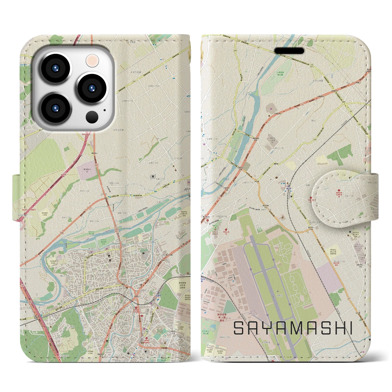 【狭山市(埼玉県)】地図柄iPhoneケース(手帳タイプ)ナチュラル・iPhone 13 Pro 用