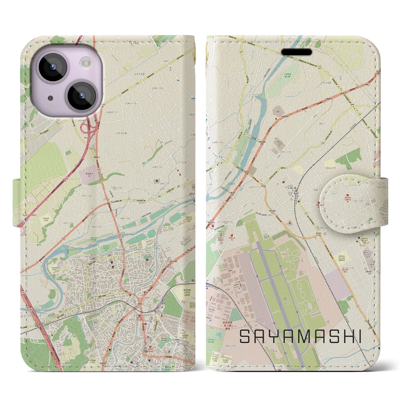 【狭山市(埼玉県)】地図柄iPhoneケース(手帳タイプ)ナチュラル・iPhone 14 用