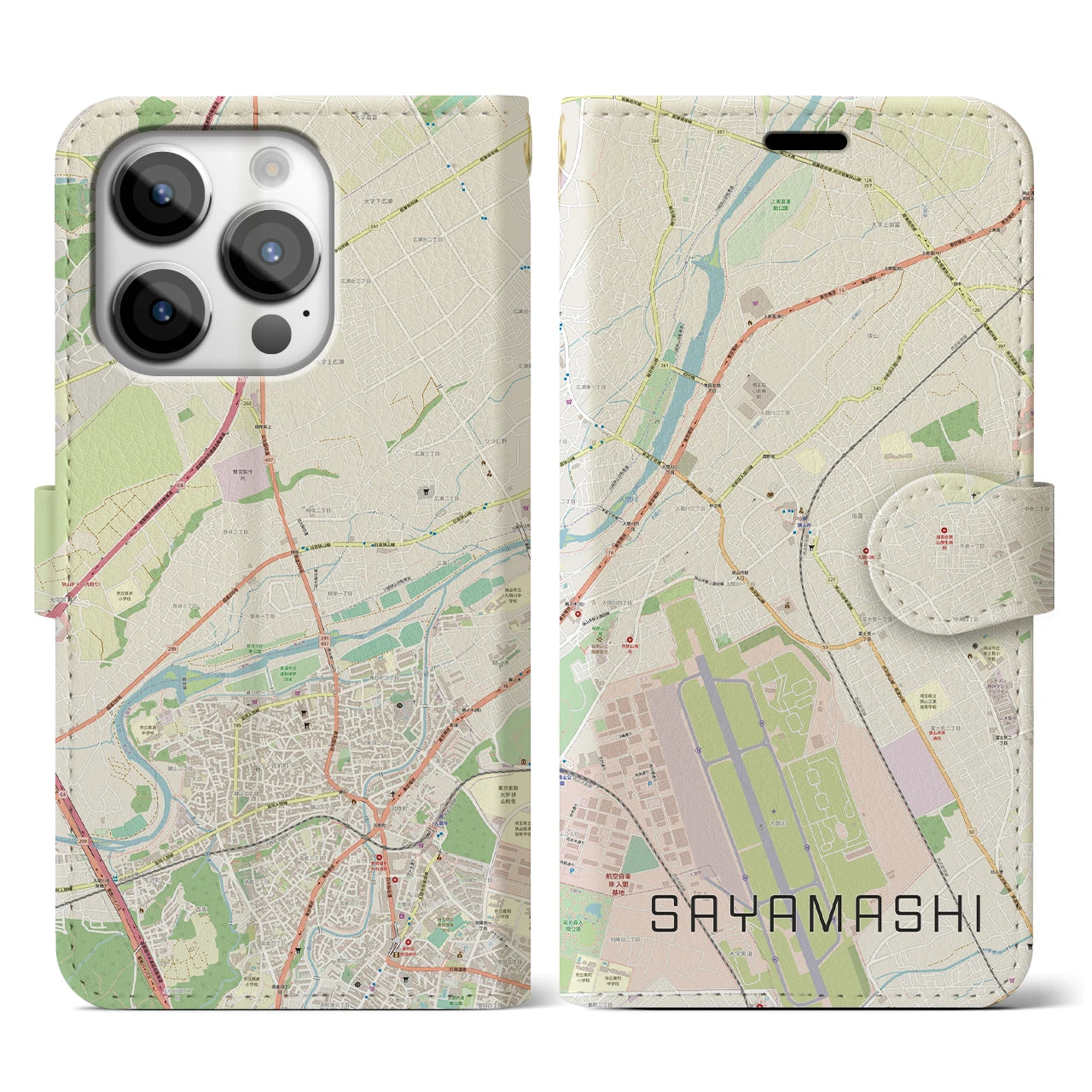 【狭山市(埼玉県)】地図柄iPhoneケース(手帳タイプ)ナチュラル・iPhone 14 Pro 用