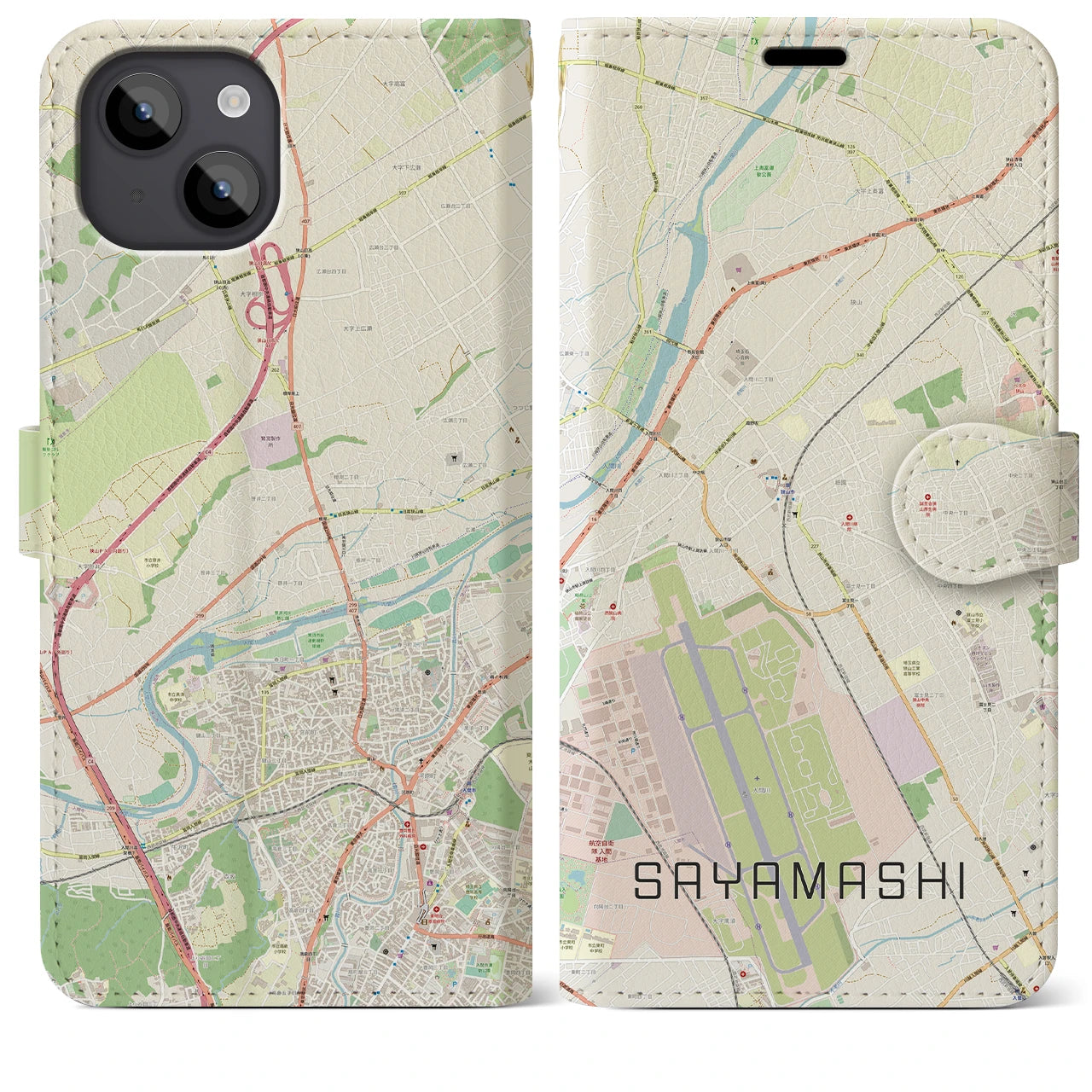 【狭山市(埼玉県)】地図柄iPhoneケース(手帳タイプ)ナチュラル・iPhone 14 Plus 用