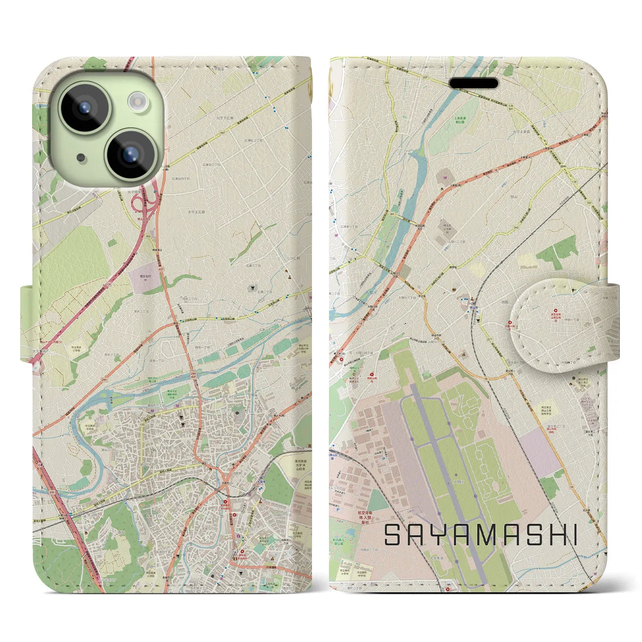 【狭山市(埼玉県)】地図柄iPhoneケース(手帳タイプ)ナチュラル・iPhone 15 用