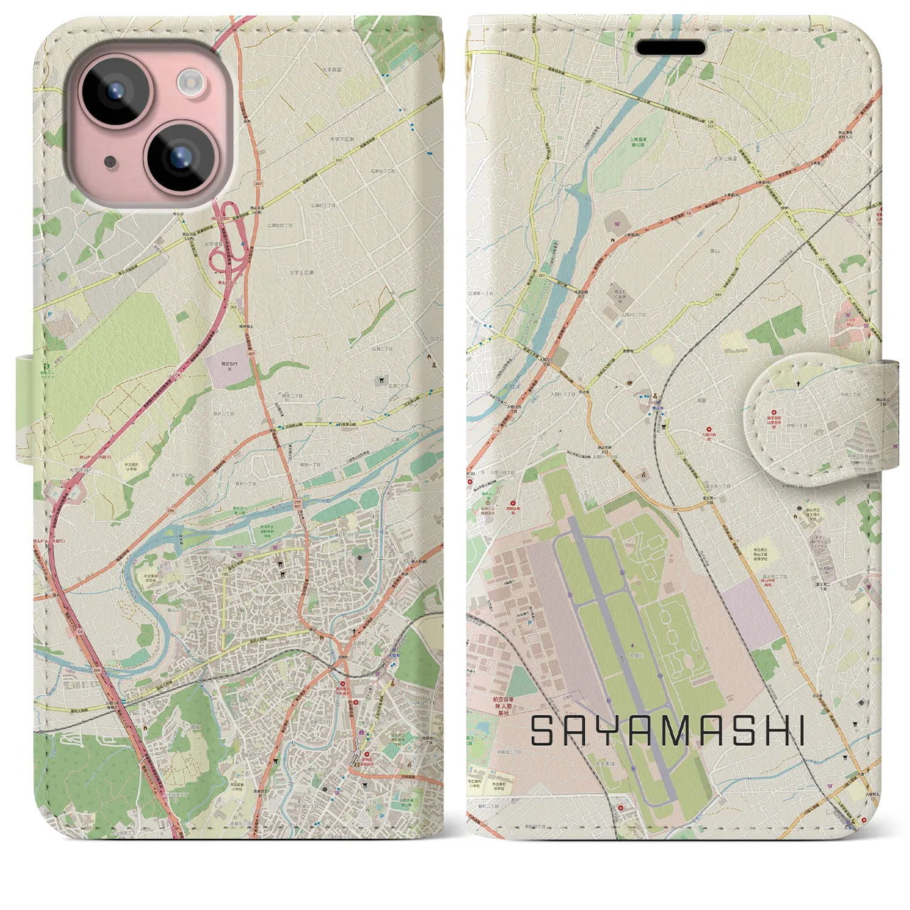 【狭山市(埼玉県)】地図柄iPhoneケース(手帳タイプ)ナチュラル・iPhone 15 Plus 用