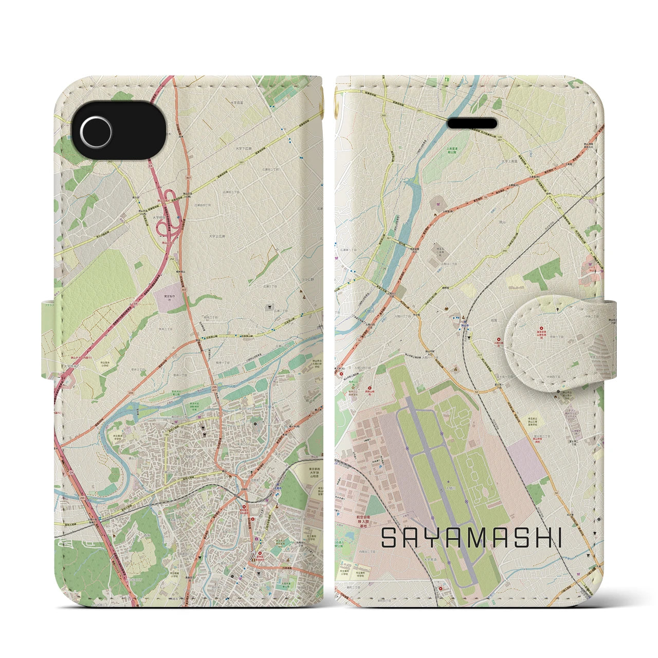【狭山市(埼玉県)】地図柄iPhoneケース(手帳タイプ)ナチュラル・iPhone SE(第3 / 第2世代) / 8 / 7 / 6s / 6 用