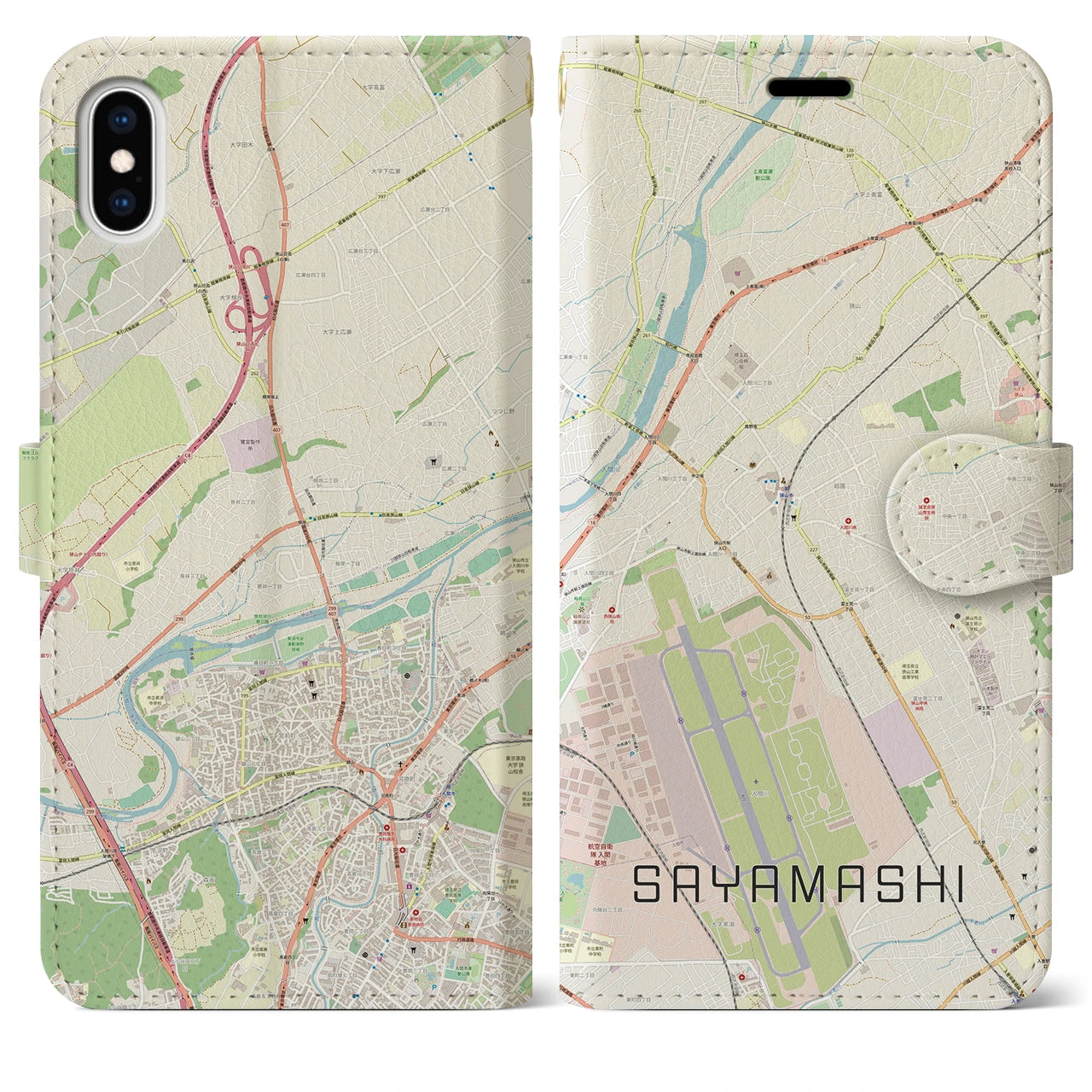【狭山市(埼玉県)】地図柄iPhoneケース(手帳タイプ)ナチュラル・iPhone XS Max 用