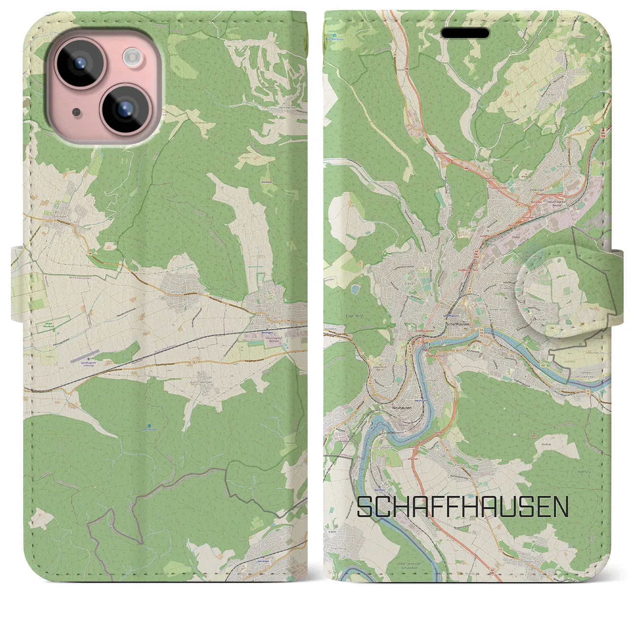 【シャフハウゼン(スイス)】地図柄iPhoneケース(手帳タイプ)ナチュラル・iPhone 15 Plus 用