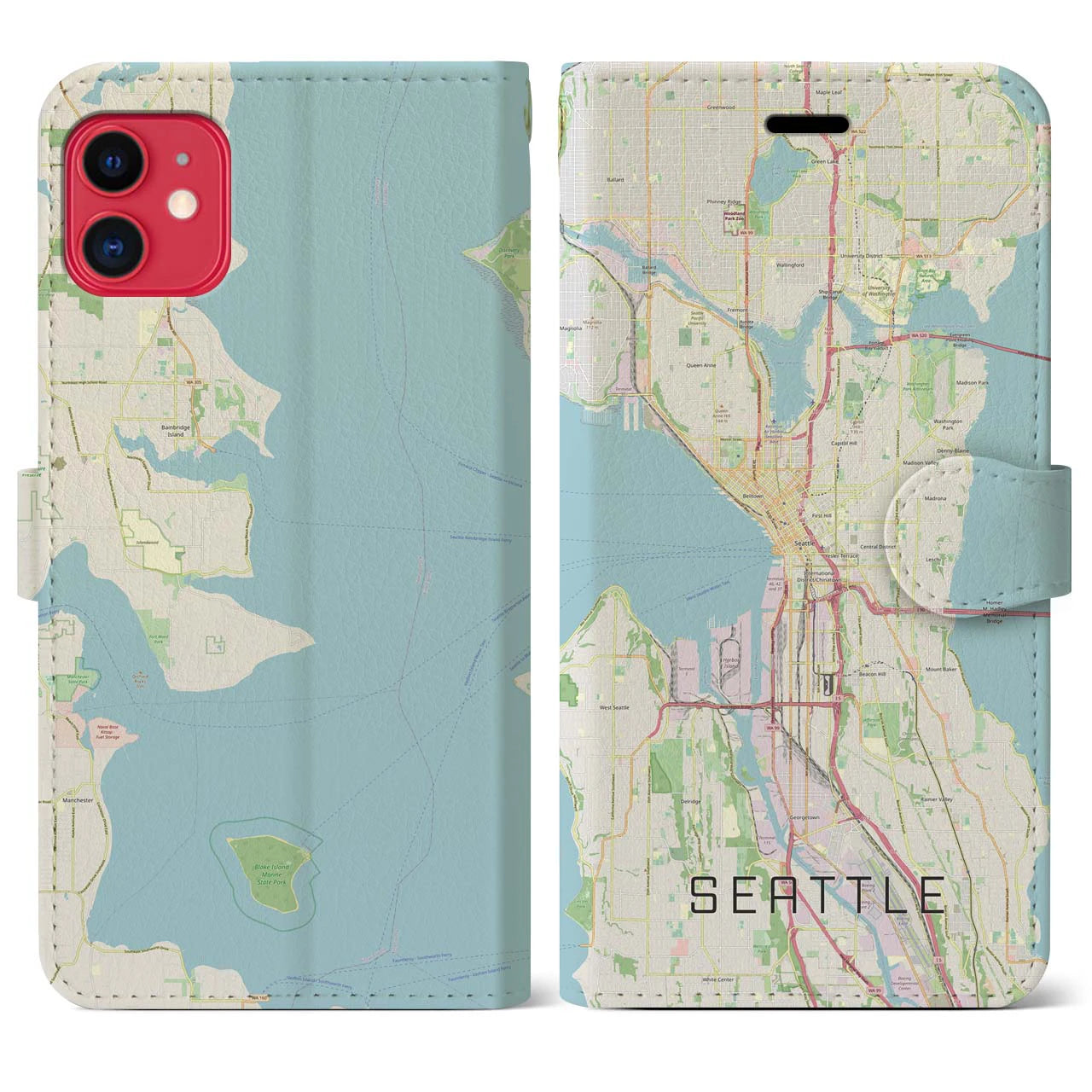 【シアトル(アメリカ)】地図柄iPhoneケース(手帳タイプ)ナチュラル・iPhone 11 用