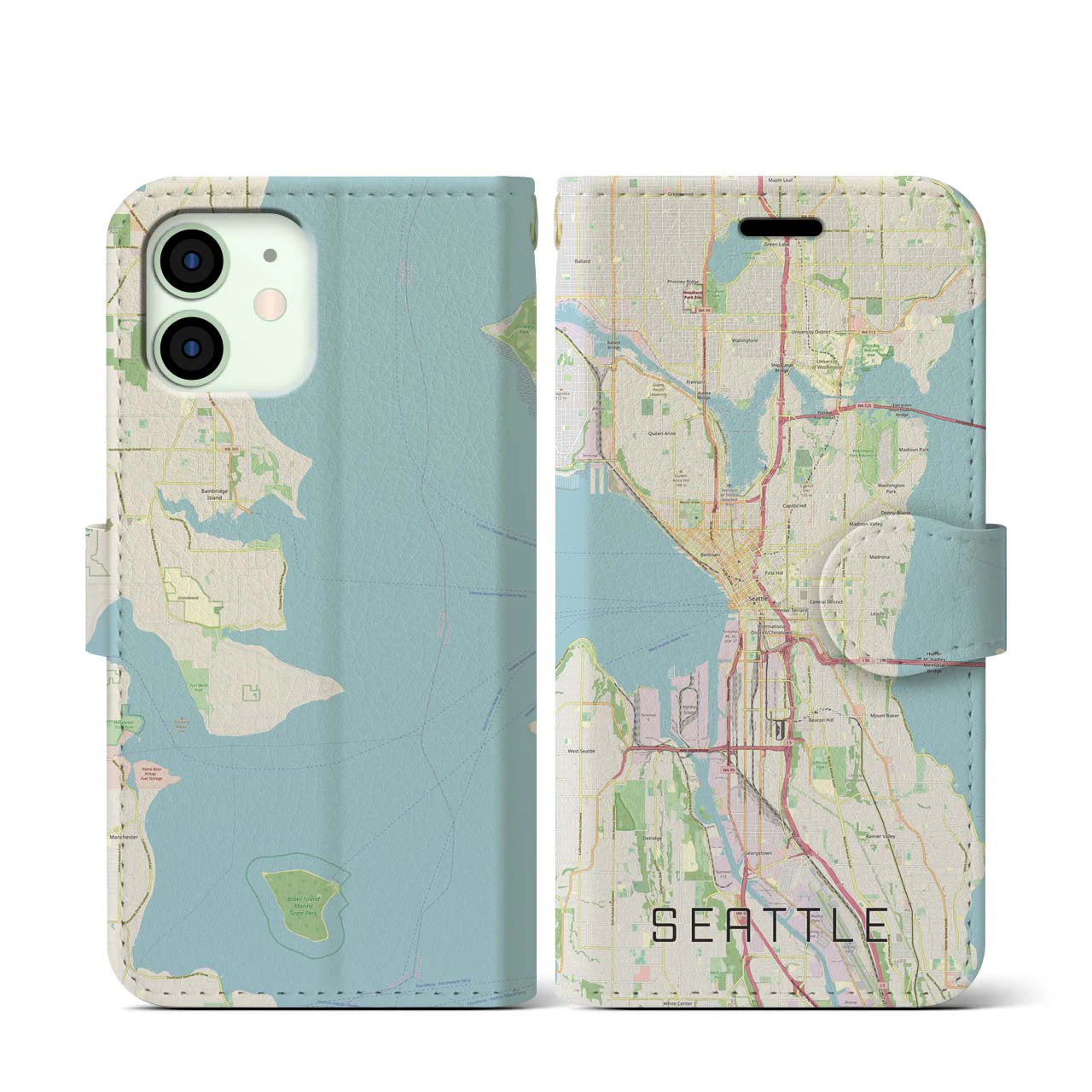 【シアトル(アメリカ)】地図柄iPhoneケース(手帳タイプ)ナチュラル・iPhone 12 mini 用