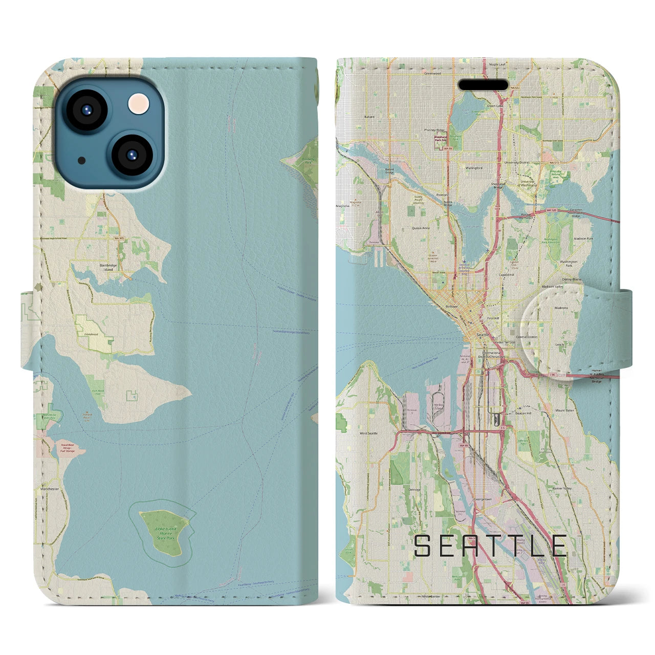 【シアトル(アメリカ)】地図柄iPhoneケース(手帳タイプ)ナチュラル・iPhone 13 用