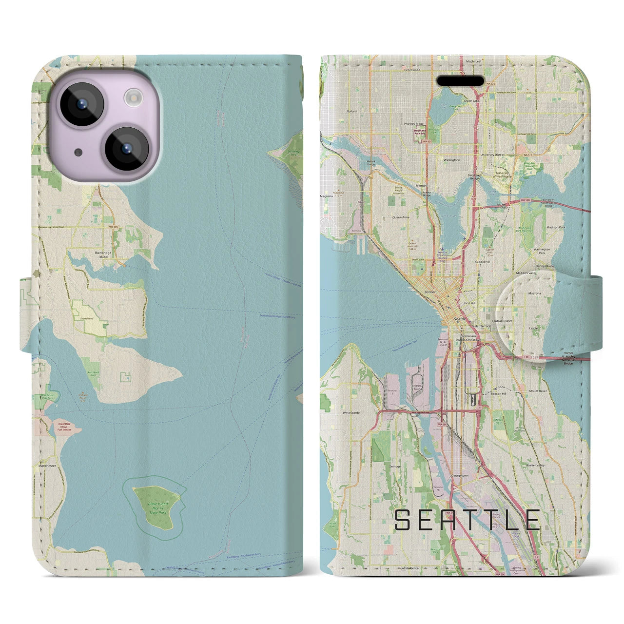【シアトル(アメリカ)】地図柄iPhoneケース(手帳タイプ)ナチュラル・iPhone 14 用