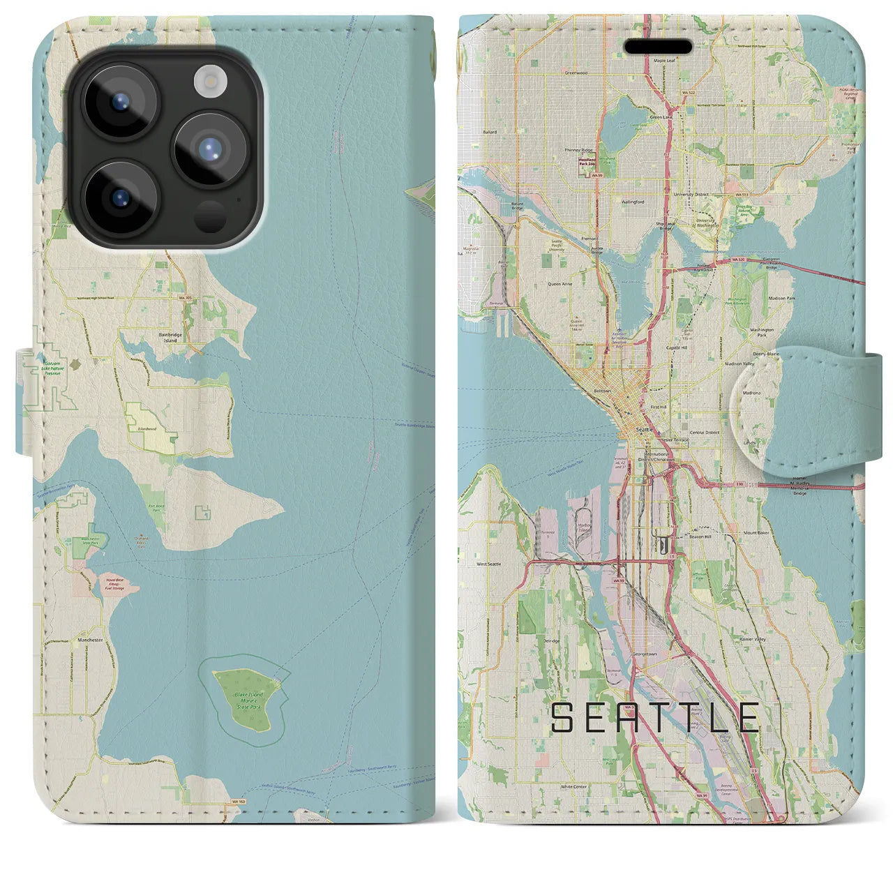 【シアトル(アメリカ)】地図柄iPhoneケース(手帳タイプ)ナチュラル・iPhone 15 Pro Max 用
