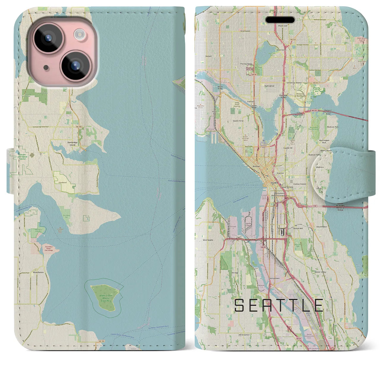 【シアトル(アメリカ)】地図柄iPhoneケース(手帳タイプ)ナチュラル・iPhone 15 Plus 用